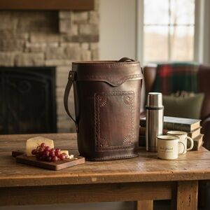 Vintage Tooled Leather Double Wine Bottle Carrying Case